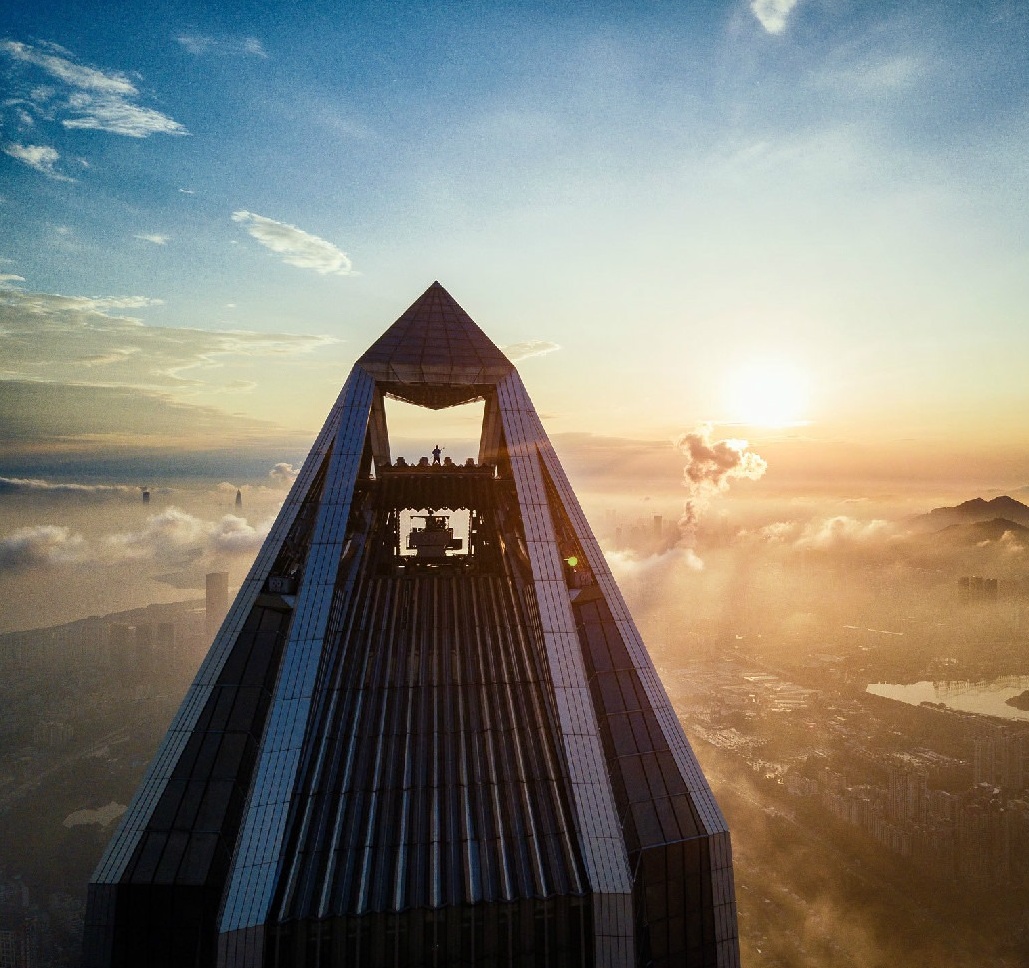 A drone photo shows the peak of Ping An International Finance Center in Shenzhen