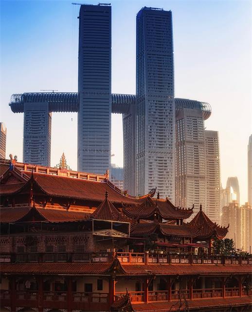 Raffles City towers and Qianfo Temple in Chongqing