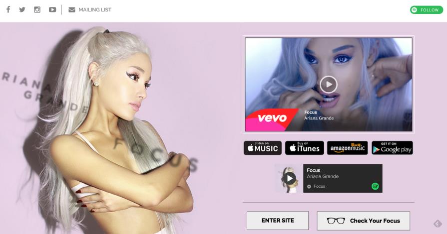 The official website of Ariana Grande is powered by WordPress