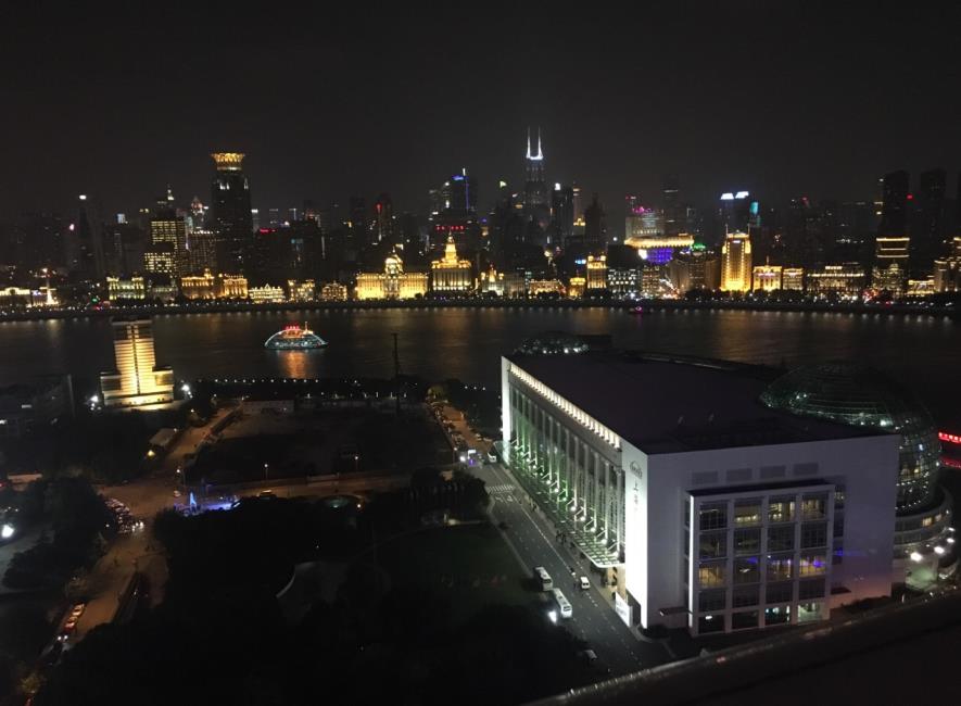 The Bund seen from the observation deck at 90 meters high of Oriental Pearl Tower