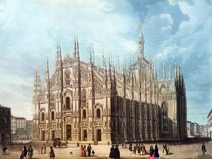 A painting shows Milan Cathedral in history