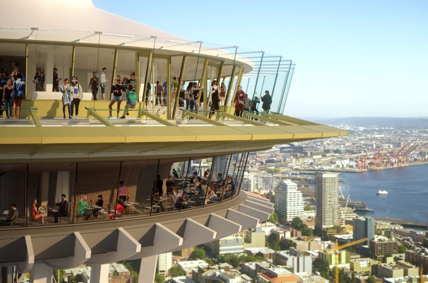 A render of the renovated hovering disk of Space Needle