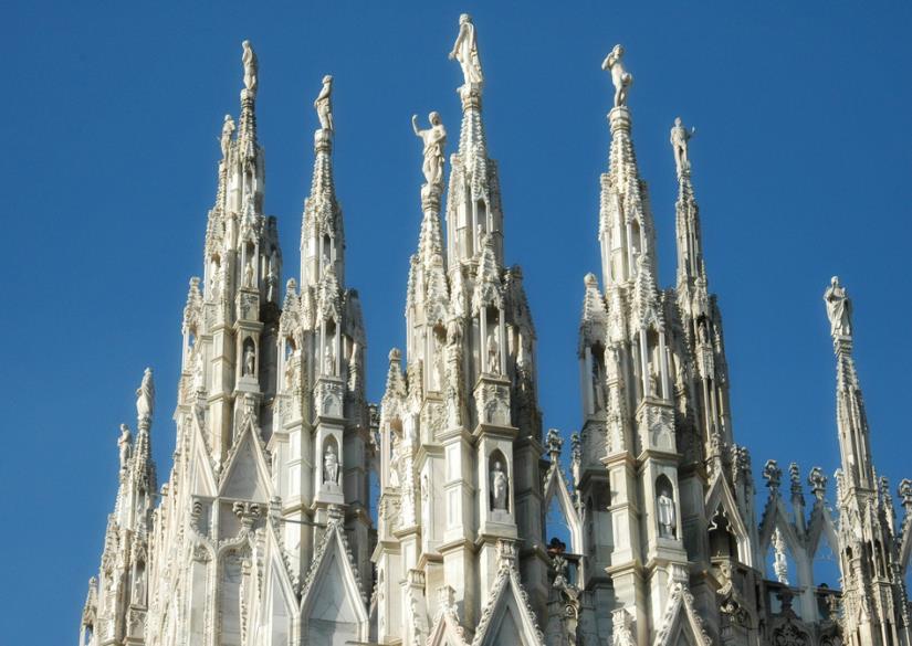 The sculptures atop the spires of Milan Cathedral