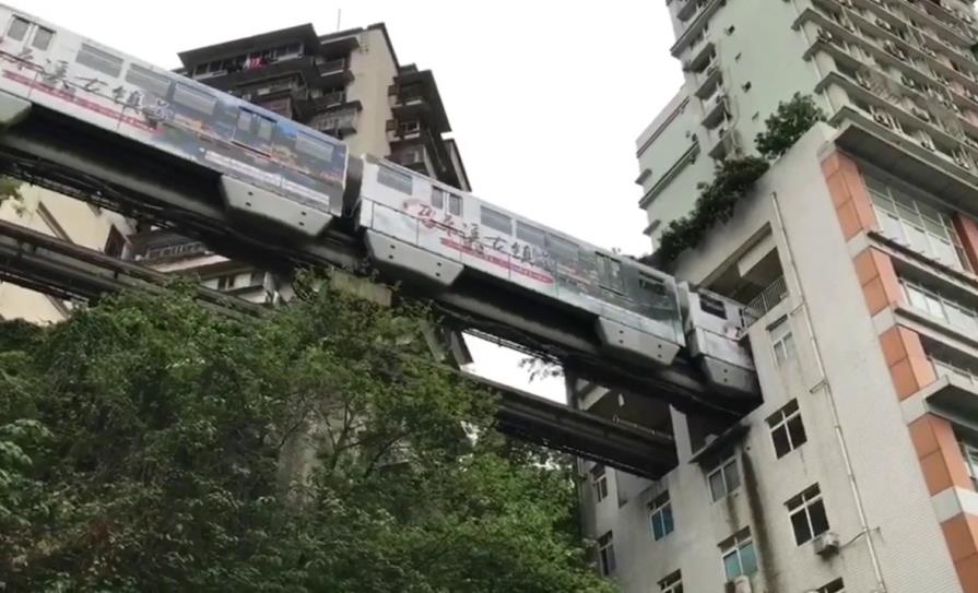 The train running through the building