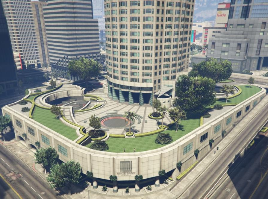 The plaza at the Maze Bank Tower's base