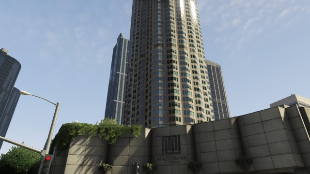 The logo of Maze Bank seen at the base of Maze Tower