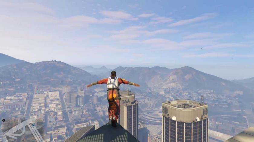 Franklin prepares to jump of the Maze Bank Tower