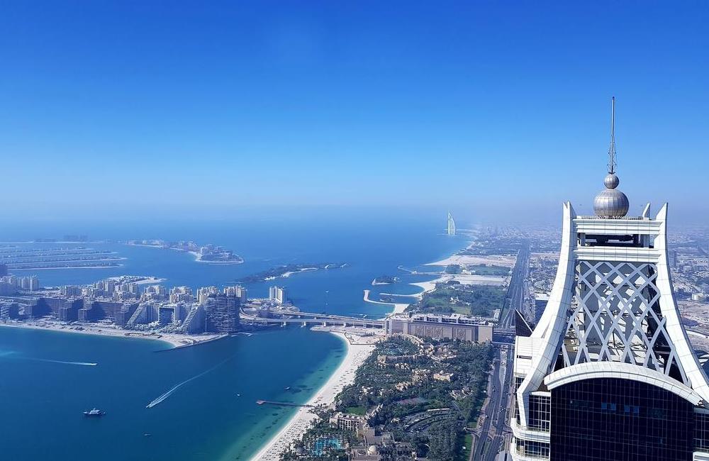 Palm Jumeirah, Burj Al Arab and Elite Residence seen from the Princess Tower