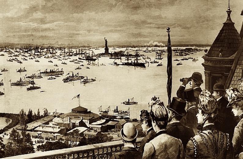 People watching the dedication of the Statue of Liberty