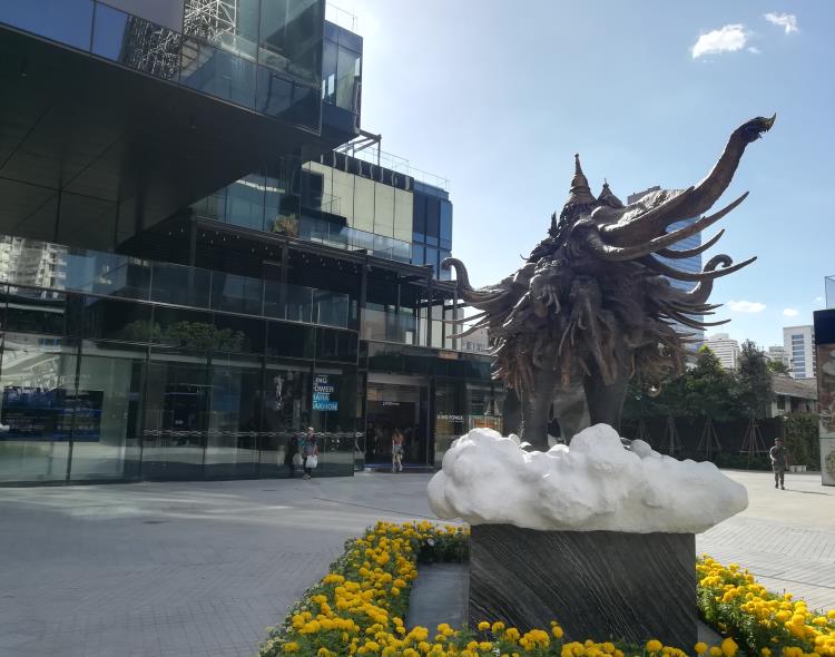 The statue of an elephant in front of the entrance