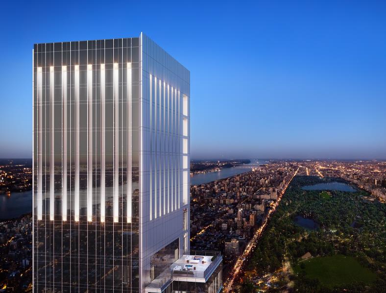 The crown of Central Park Tower and an outdoor terrace